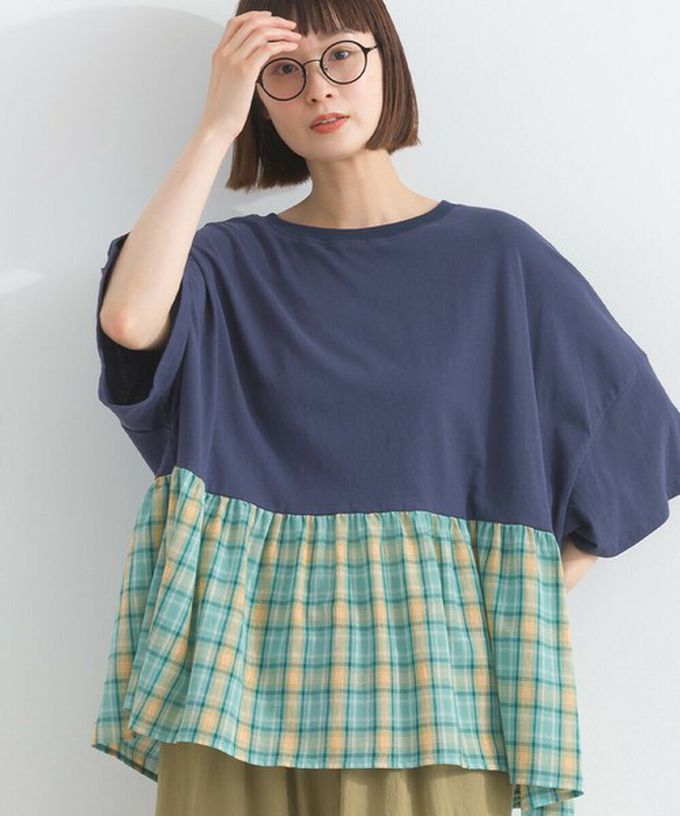 日本 Lupilien - 接觸涼感 可愛格紋休閒五分袖上衣-橘