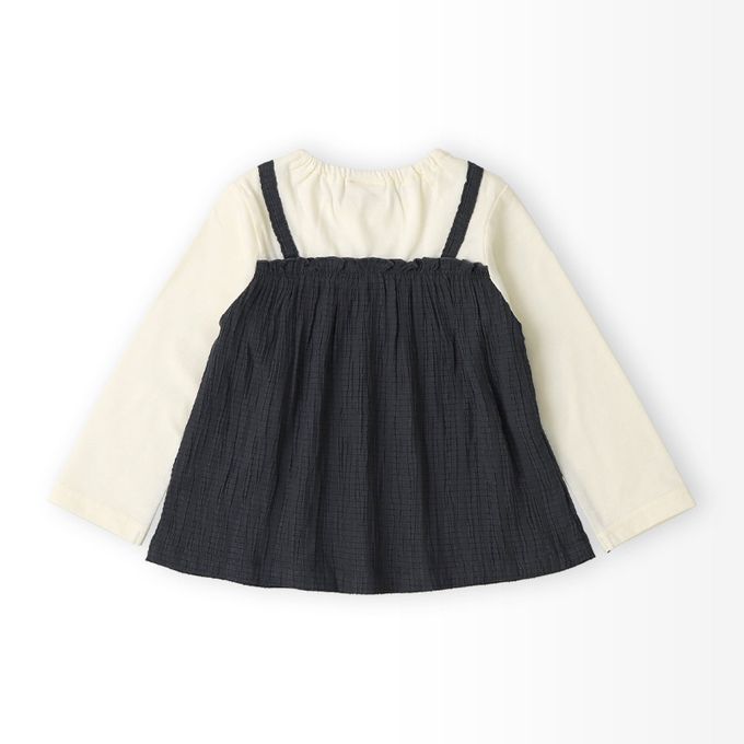 日本 ZOOLAND - 假二件典雅緹花長袖上衣-櫻桃刺繡-藕粉