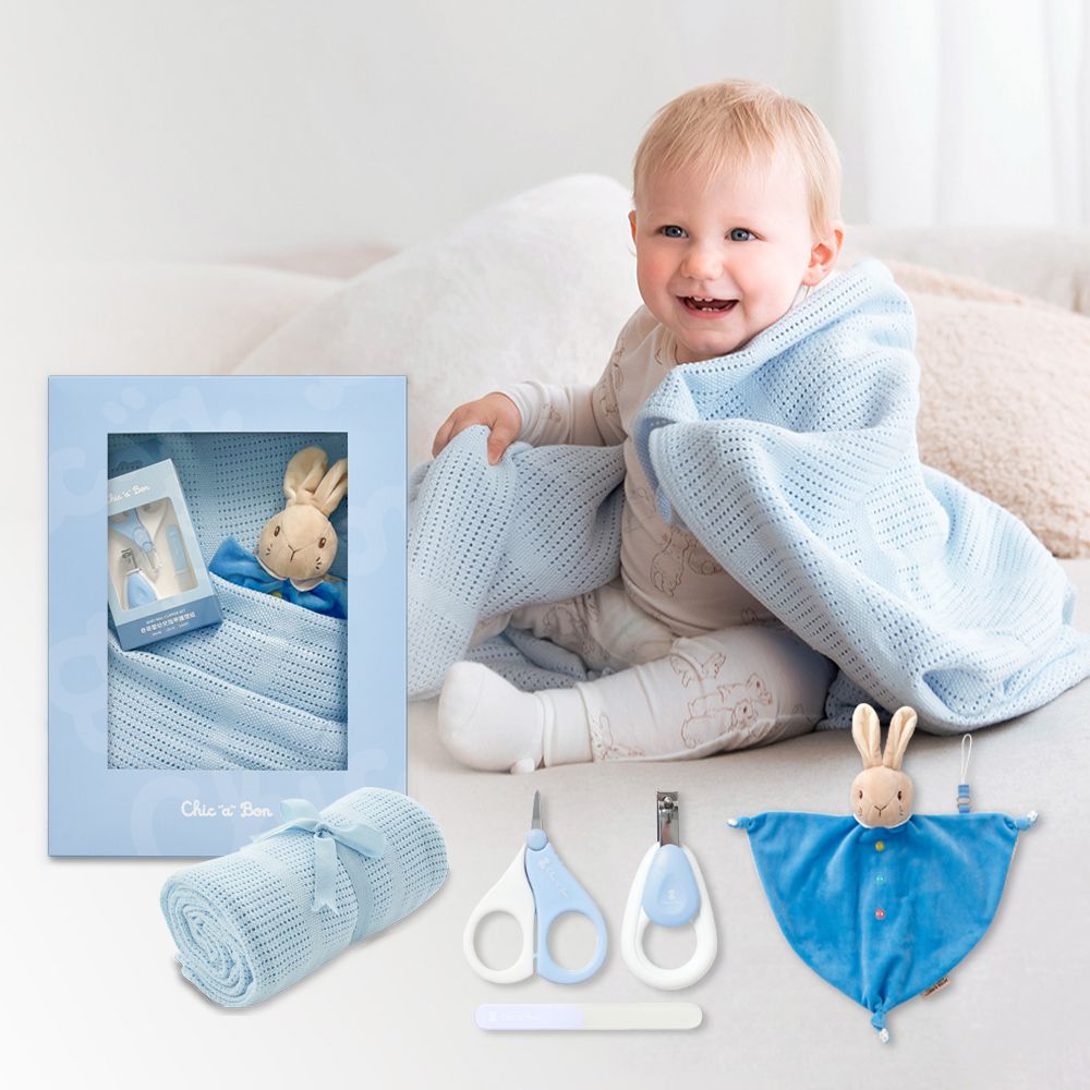 奇哥 - 純棉洞洞毯護理組禮盒 120x155cm(洞洞毯大+比得兔安撫巾+嬰幼兒指甲護理組 2色選擇)-藍色