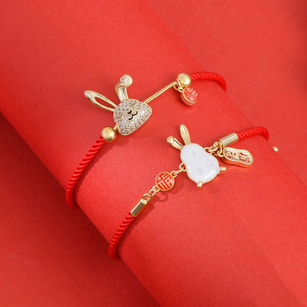 兔年喜氣洋洋拜年手鍊/過年紅繩-玉兔 (周長約17cm)
