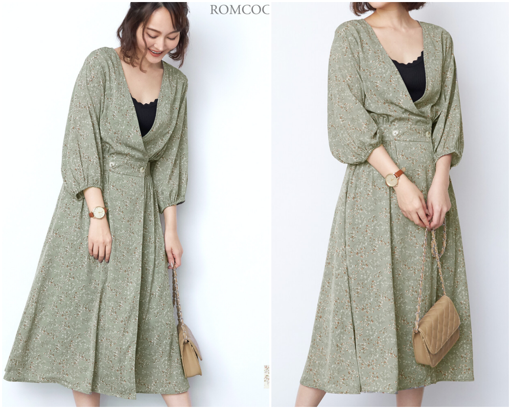 日本女裝代購 - 2way 碎花V領洋裝/罩衫外套-綠 (M(Free size))