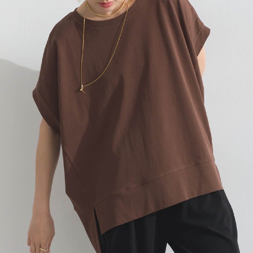 接觸冷感 前短後長落肩素色上衣-咖啡