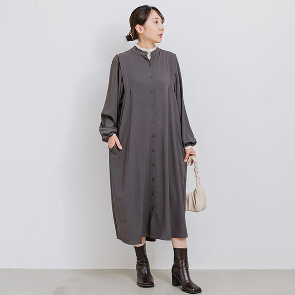 日本 ihuu - 不易皺優雅襯衫式長袖洋裝-炭灰