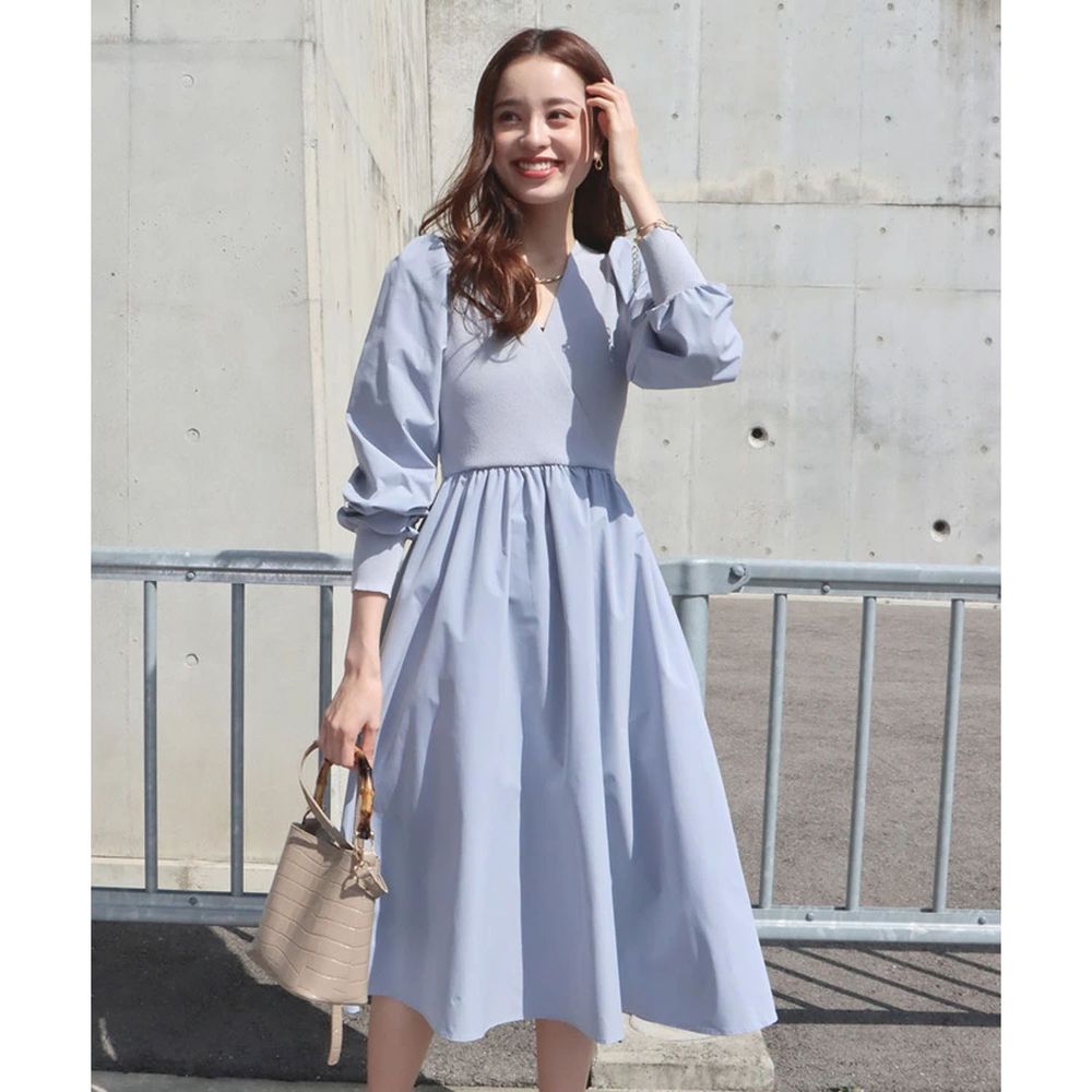 日本 BLUE EAST - 異材質拼接浪漫澎袖長袖洋裝-水藍