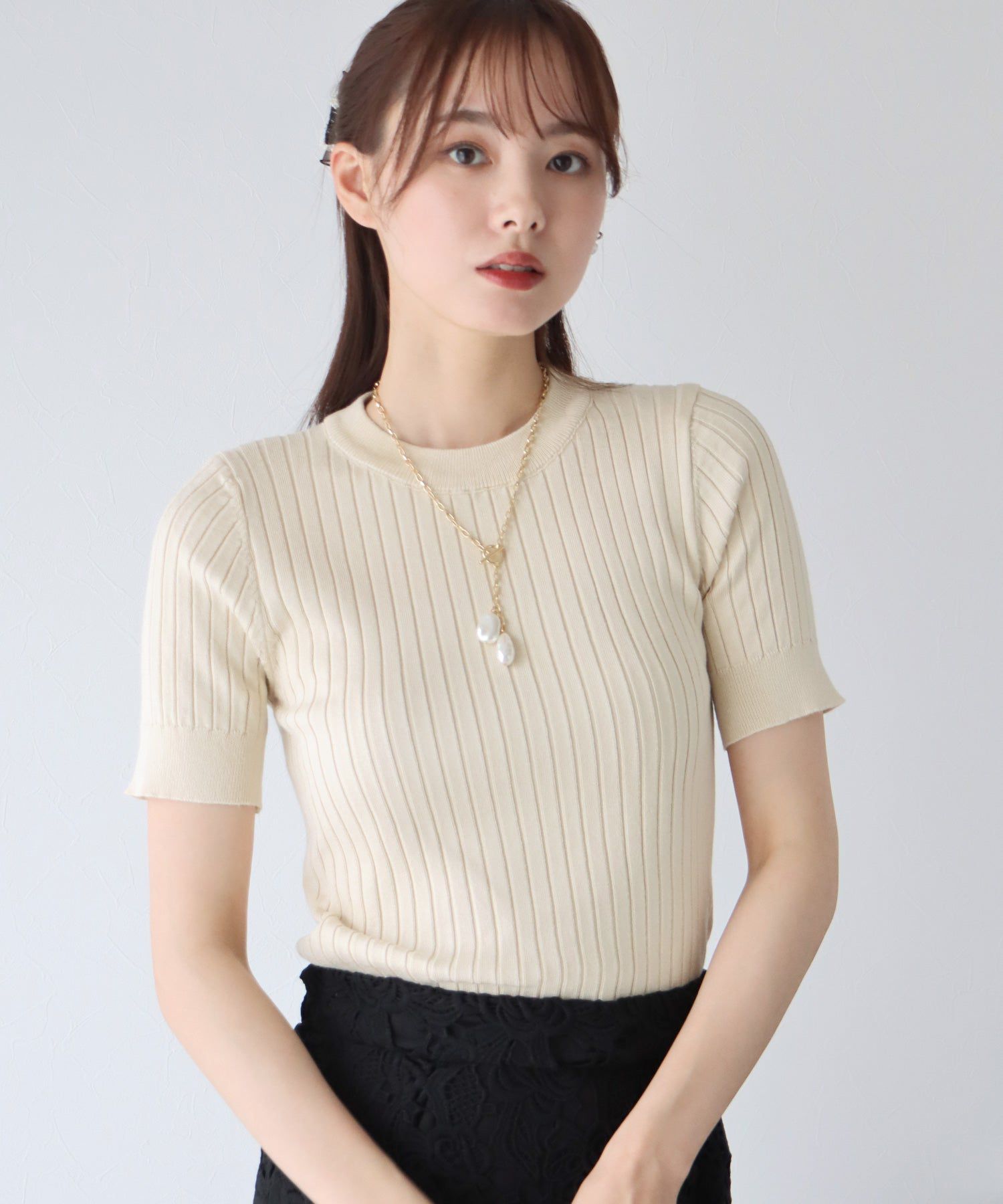 日本 BLUE EAST - 彈性寬羅紋薄針織短袖上衣-淺粉x白