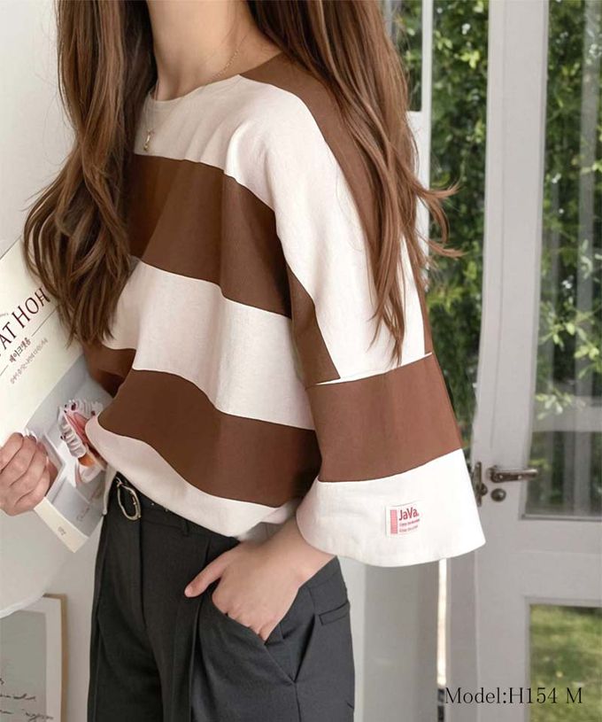 日本 Classical Elf - Java 純棉寬條紋落肩五分袖上衣-黑x白