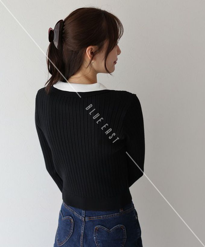 日本 BLUE EAST - 撞色雙層領針織polo長袖上衣-深灰x粉紅 (M)