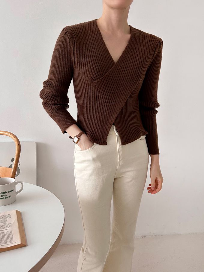 韓國女裝連線 - X交叉設計彈性坑條針織上衣-粉 (FREE)