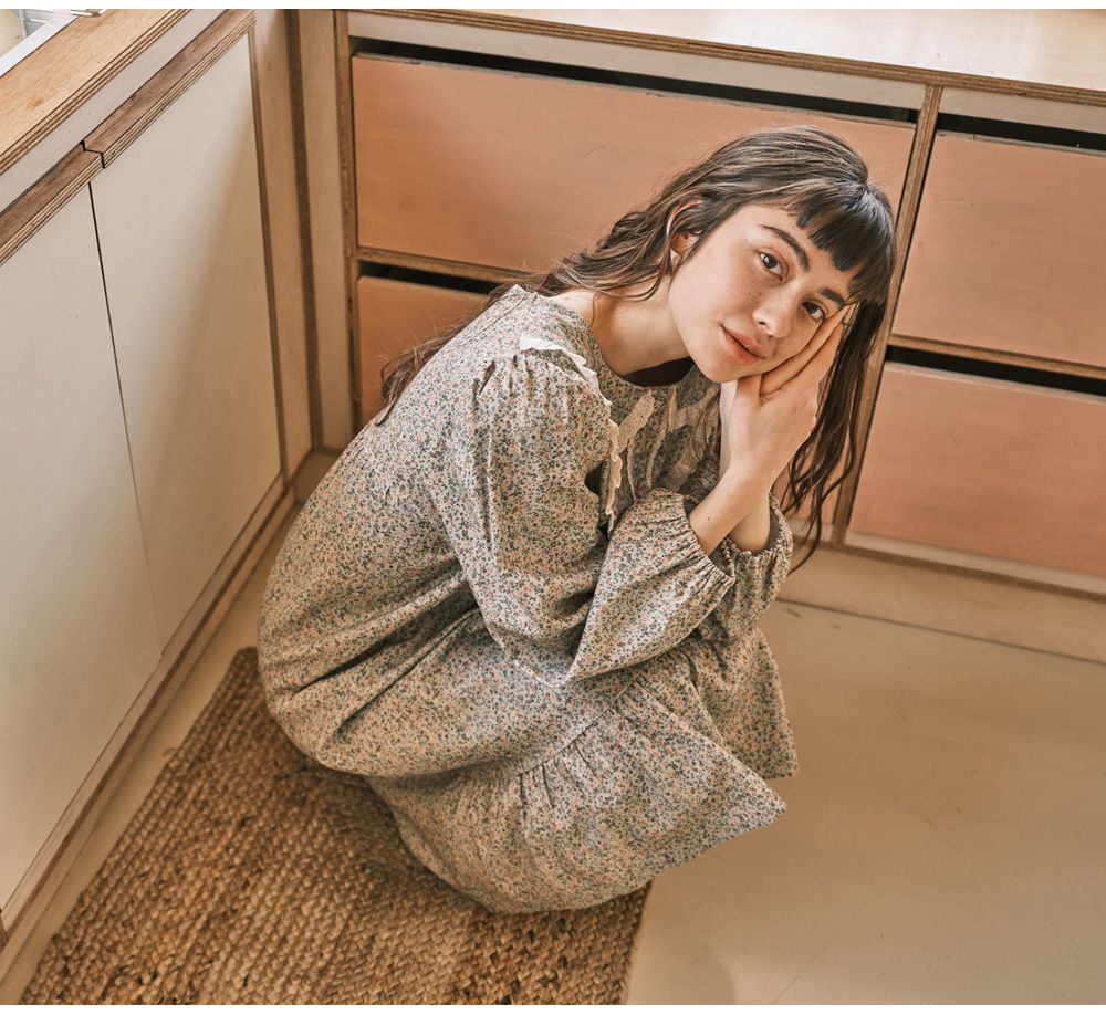 韓國 ULLALA - 浪漫碎花純棉長袖睡衣-(洋裝式)-薄荷綠 (FREE)