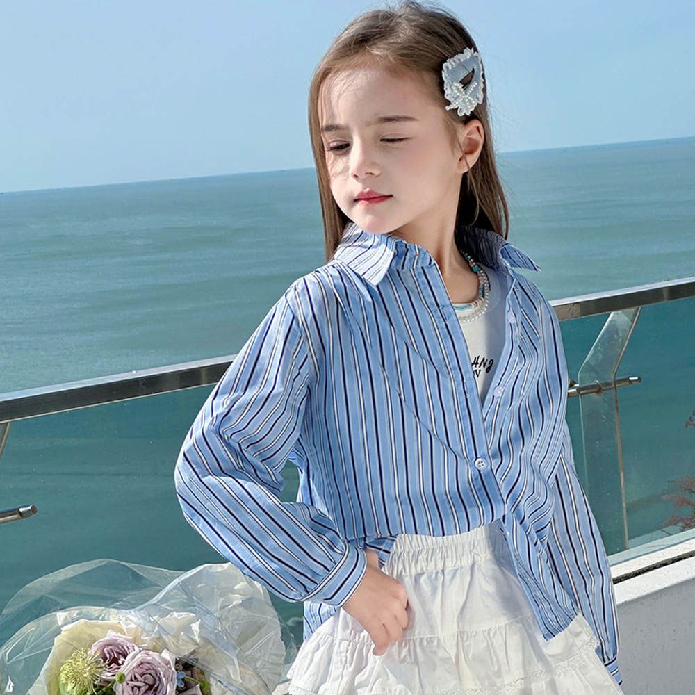 乾淨俐落直條長袖襯衫-藍色