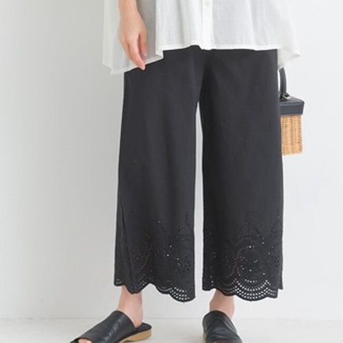 日本 Lupilien - 100%印度棉貝殼雕花舒適長褲-黑
