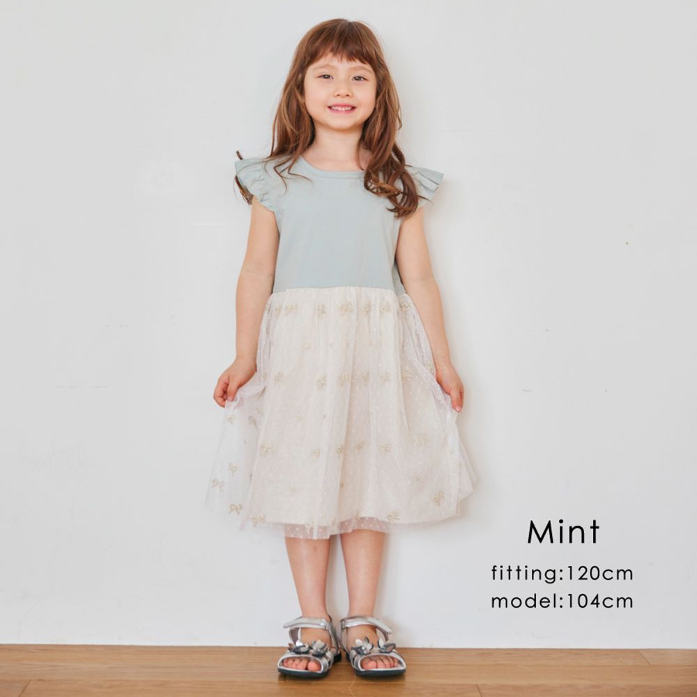 日本 evercloset - 荷葉袖蝴蝶結蕾絲刺繡洋裝-卡其