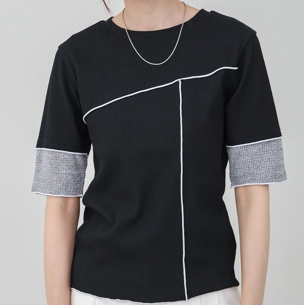 柔美線條羅紋異材質短袖上衣-黑 (M)