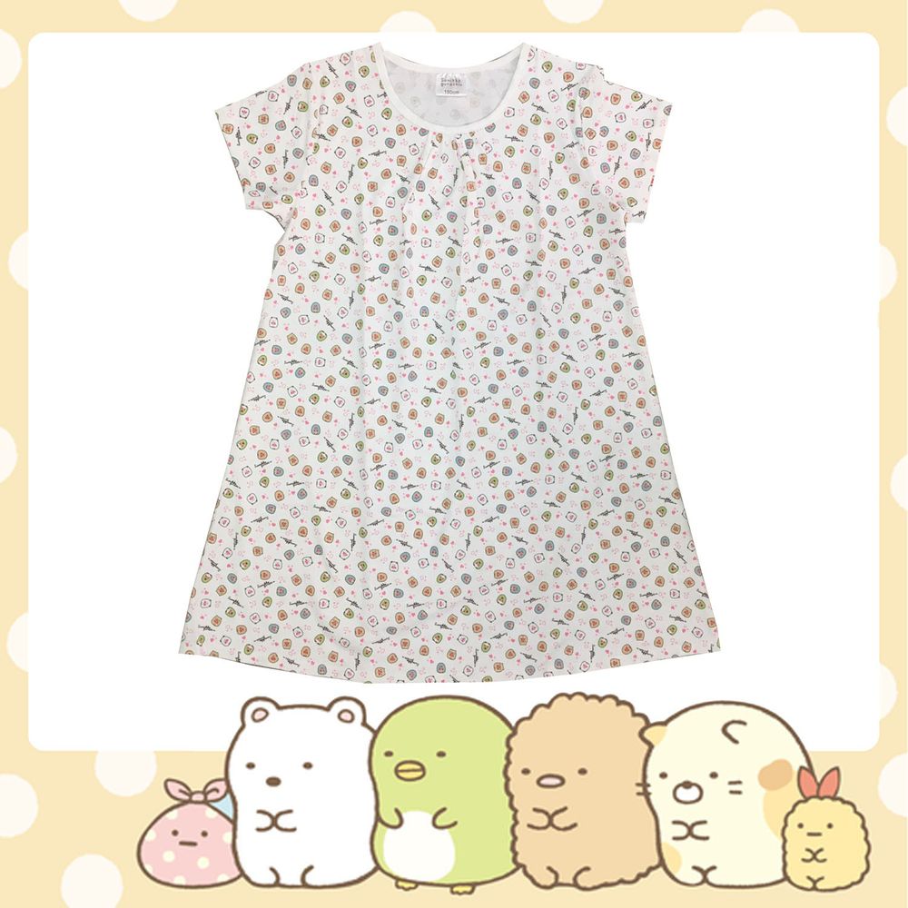 角落小夥伴 棉質碎花短袖連身睡衣 角落生物碎花皺褶領滿版 白 媽咪愛