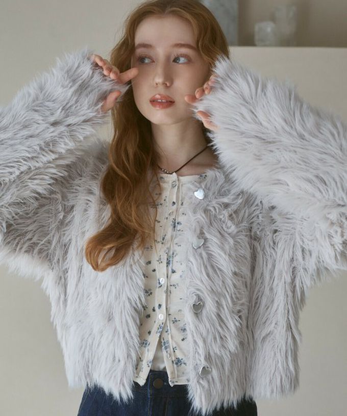 日本 Bab - 奢華毛海愛心扣前後2way開襟衫-長版-象牙