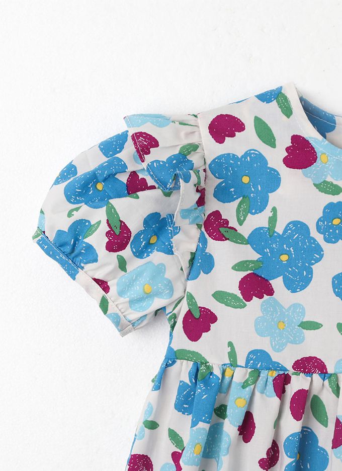 韓國 OZKIZ - 塗鴉花荷葉拼袖連身洋裝-灰藍