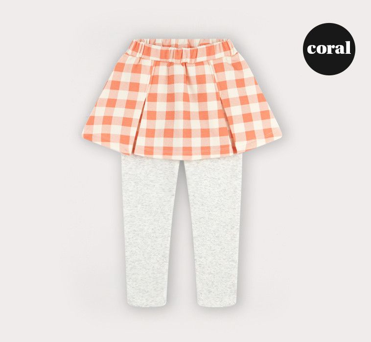 韓國 HEJMINI - (內刷毛)蘋果徽章荷葉領格子裙套裝-蜜桃粉