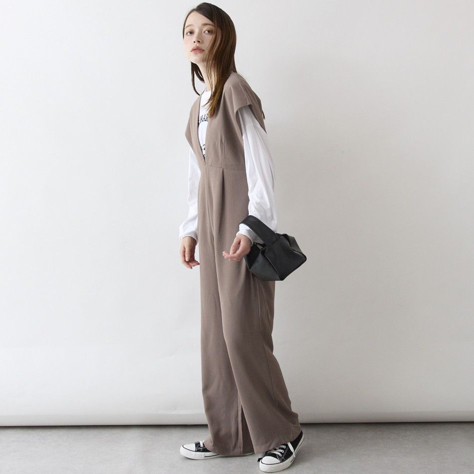 日本 Rejoule - 時尚落肩收腰吊帶褲-優雅黑