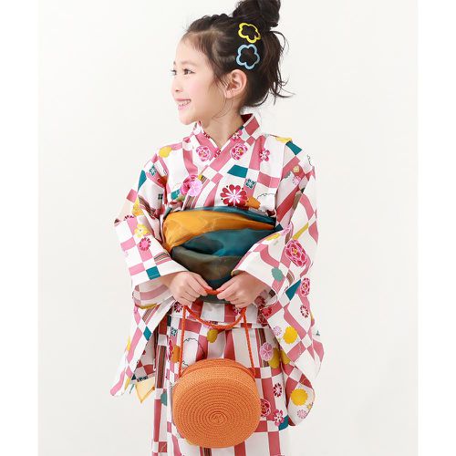 日本 devirock - 上下穿搭式浴衣華麗4件組-格子小花-粉紅