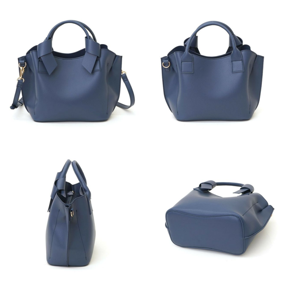 日本 COOCO - 仿皮緞帶造型托特包-海軍藍 (W22*H20*D12cm)