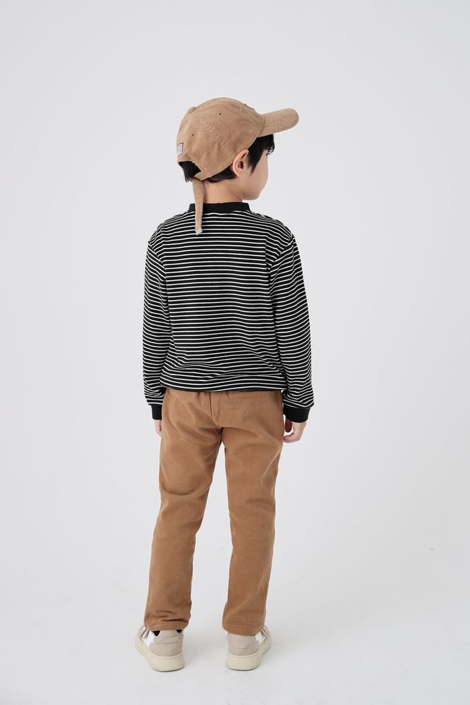 韓國 Coco Bang - 鈕扣細條紋長袖上衣-酒紅