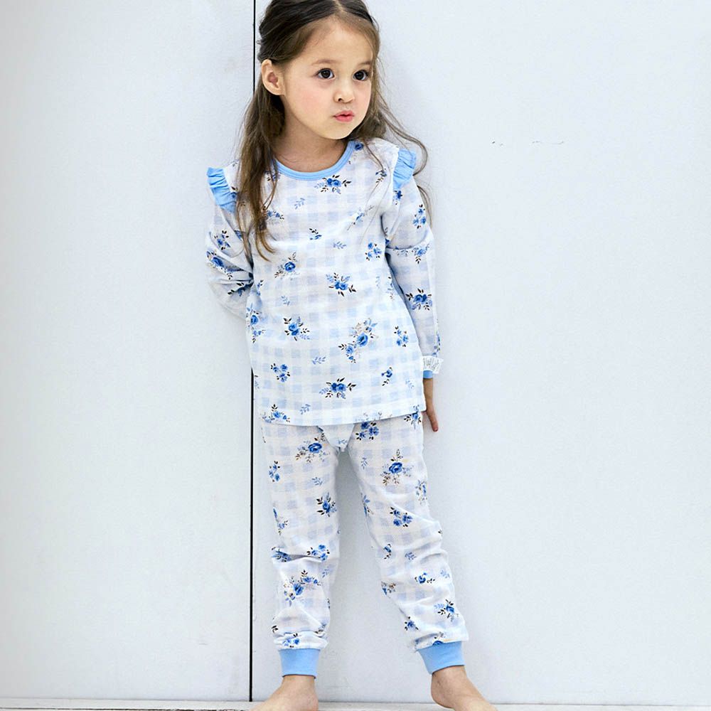 細緻柔棉薄長袖家居服-格子花束-淺藍紫