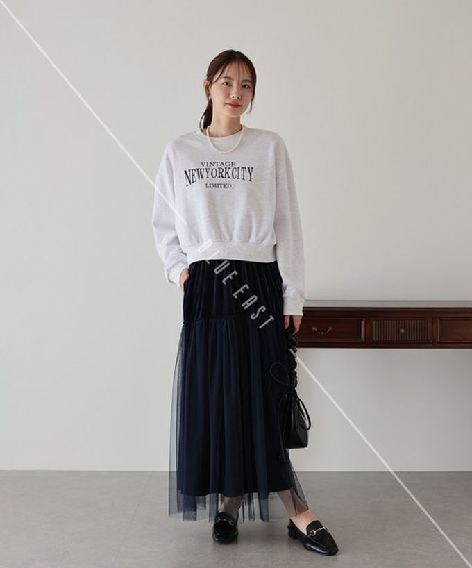 日本 BLUE EAST - 薄紗絲絨拼接飄逸長裙-(可選長度)-深藍