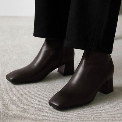 韓國 SAPPUN - 質感方頭中筒矮跟靴-巧克力咖 (跟高5cm-尺寸24)