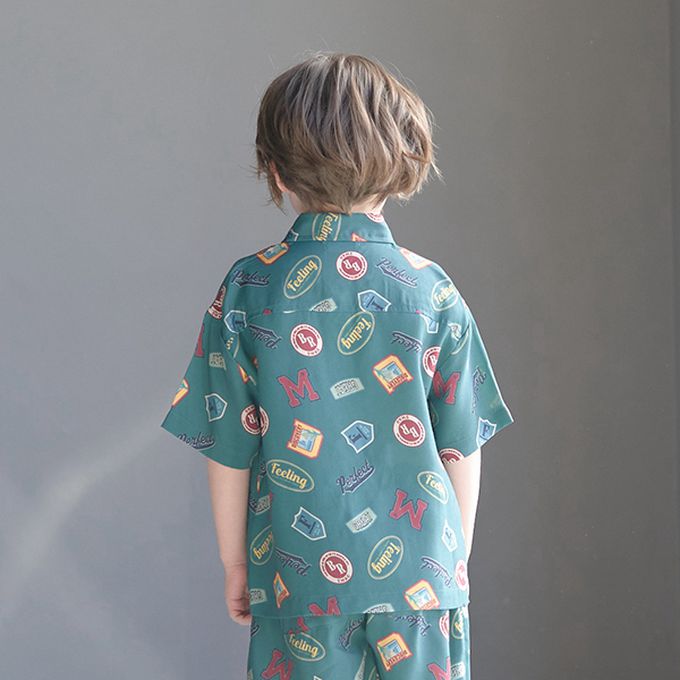 日本 b-ROOM - 滿版時髦印花休閒襯衫-衝浪-炭黑