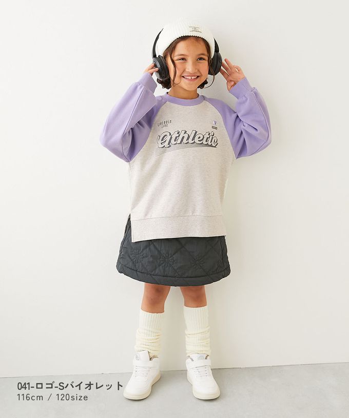 日本 devirock - 可愛女孩印花縮口長袖上衣-下擺開岔-燕麥X紫