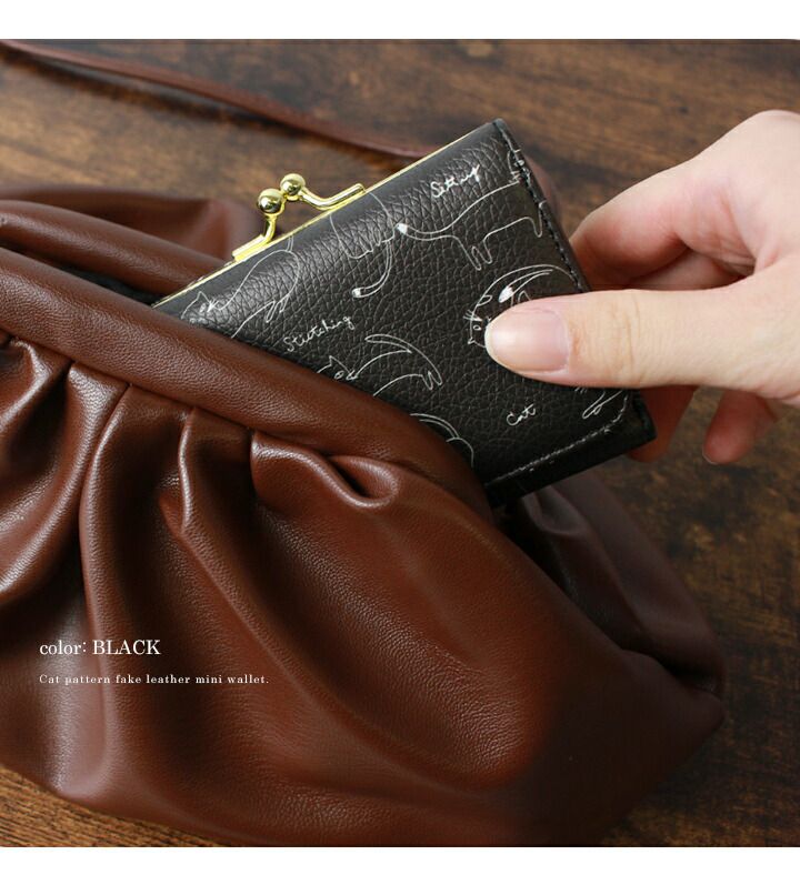 日本 LIZDAYS - 皮質迷你口金三折短夾/錢包-貓咪-時尚黑 (10x8x3.5cm)