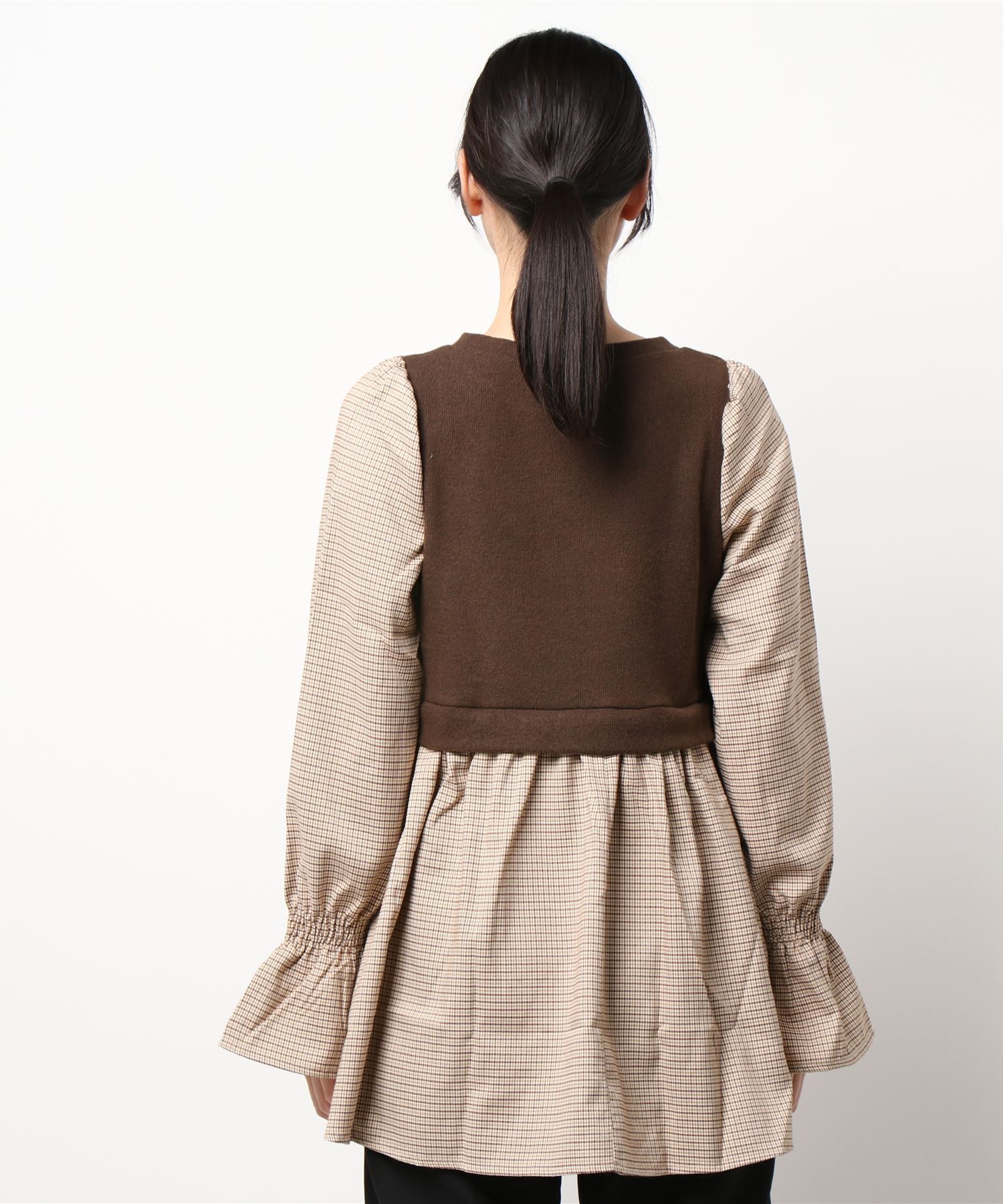 日本 Riche Glamour - 假兩件造型 小格紋長袖X背心-黑