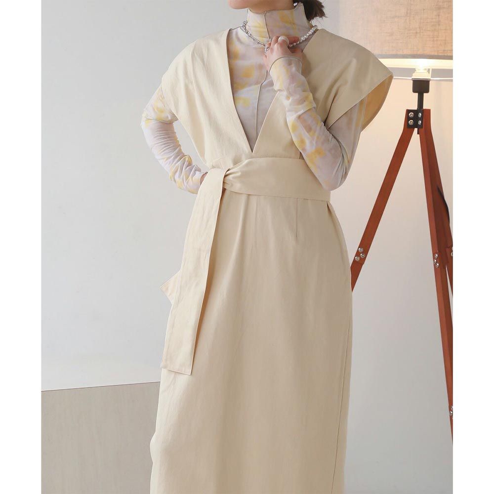 日本 Bab - 知性V領設計綁帶背心裙-氣質杏