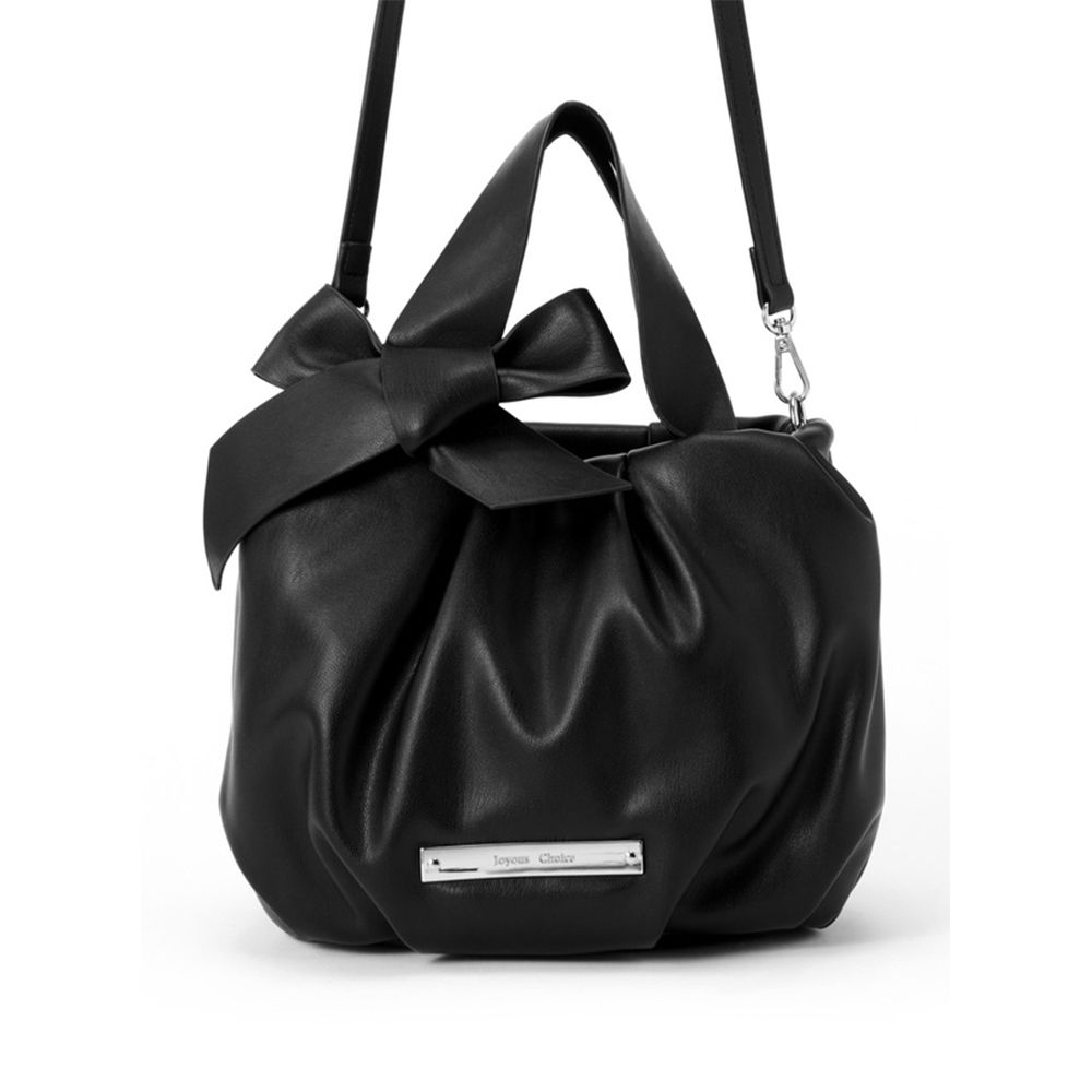 2way皺摺緞帶皮革感圓潤小包-黑 (F)