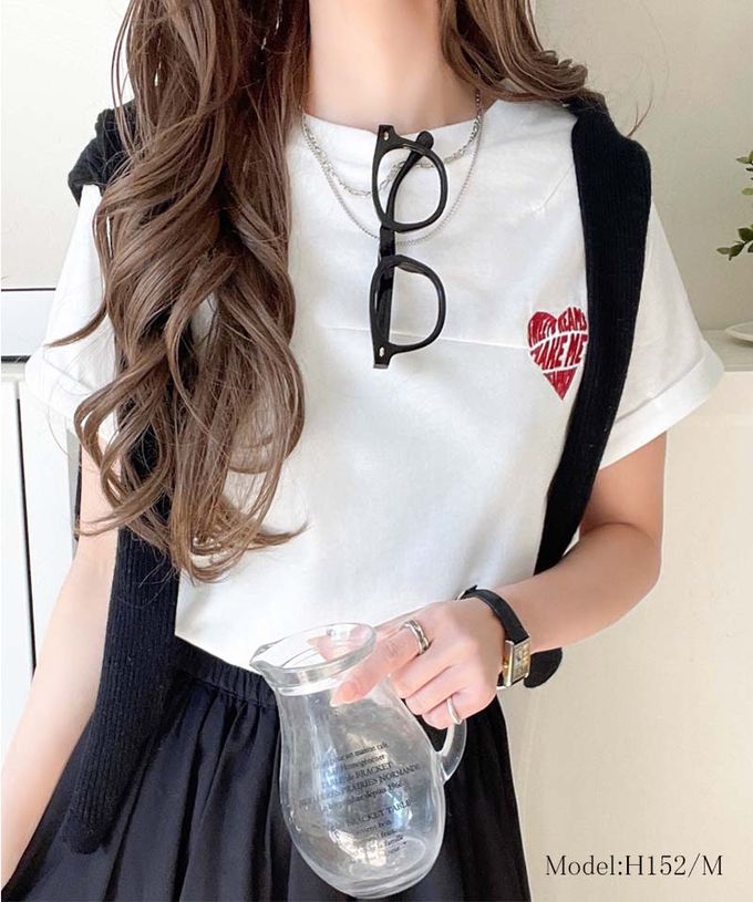 日本 Classical Elf - 經典胸前愛心刺繡短袖上衣-藍愛心-粉紅