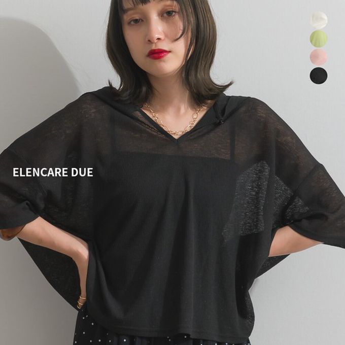 日本 ELENCARE DUE - 輕盈透膚感連帽休閒短袖上衣-粉紅