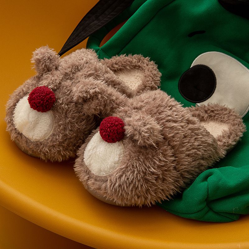 毛毛保暖室內拖鞋-小熊-卡其色