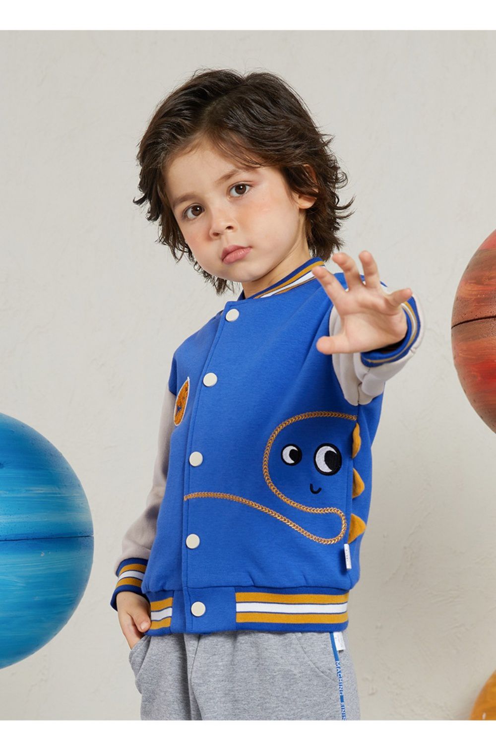 童趣拼色棒球外套-偷看恐龍-藍+杏