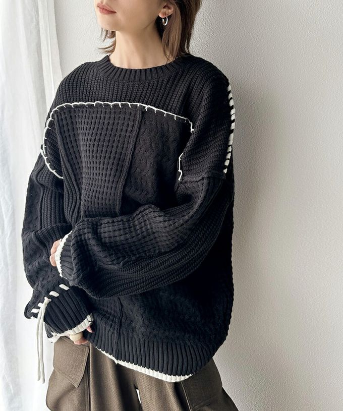 日本 Classical Elf - 2way跳色毛線編織寬鬆長版毛衣-黑