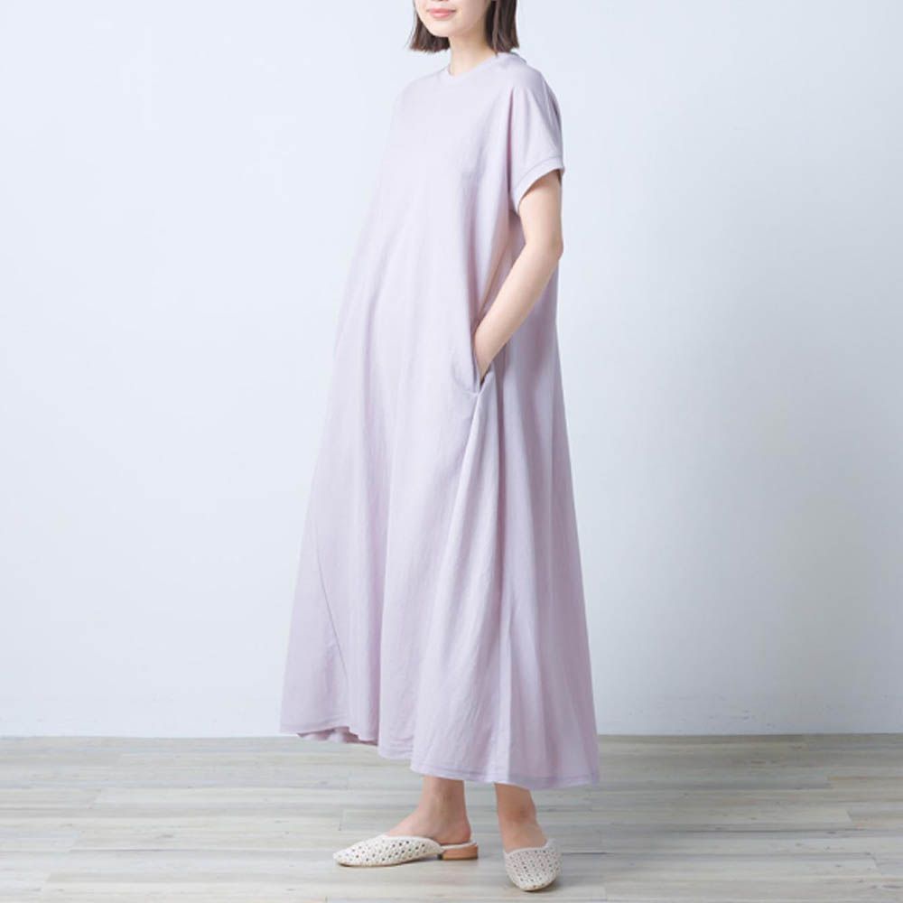 接觸涼感 嫘縈圓領傘狀短袖洋裝-薰衣草