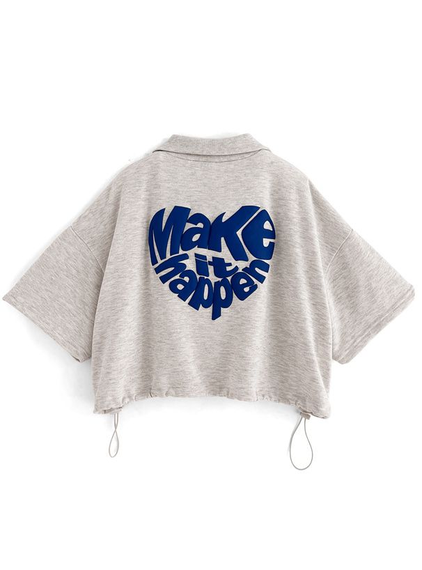 日本 GRL - 英文立體印花翻領短T-燕麥灰 (F)