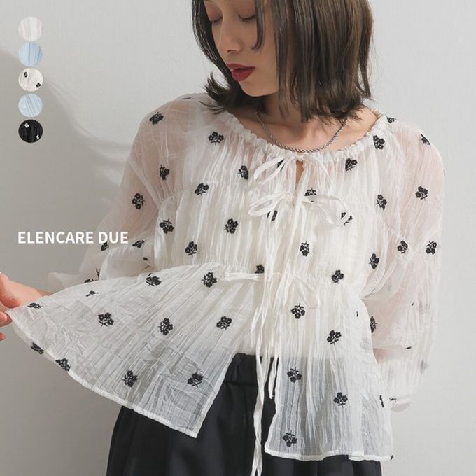 日本 ELENCARE DUE - 前後2way輕盈透膚綁帶開襟衫-小花-白