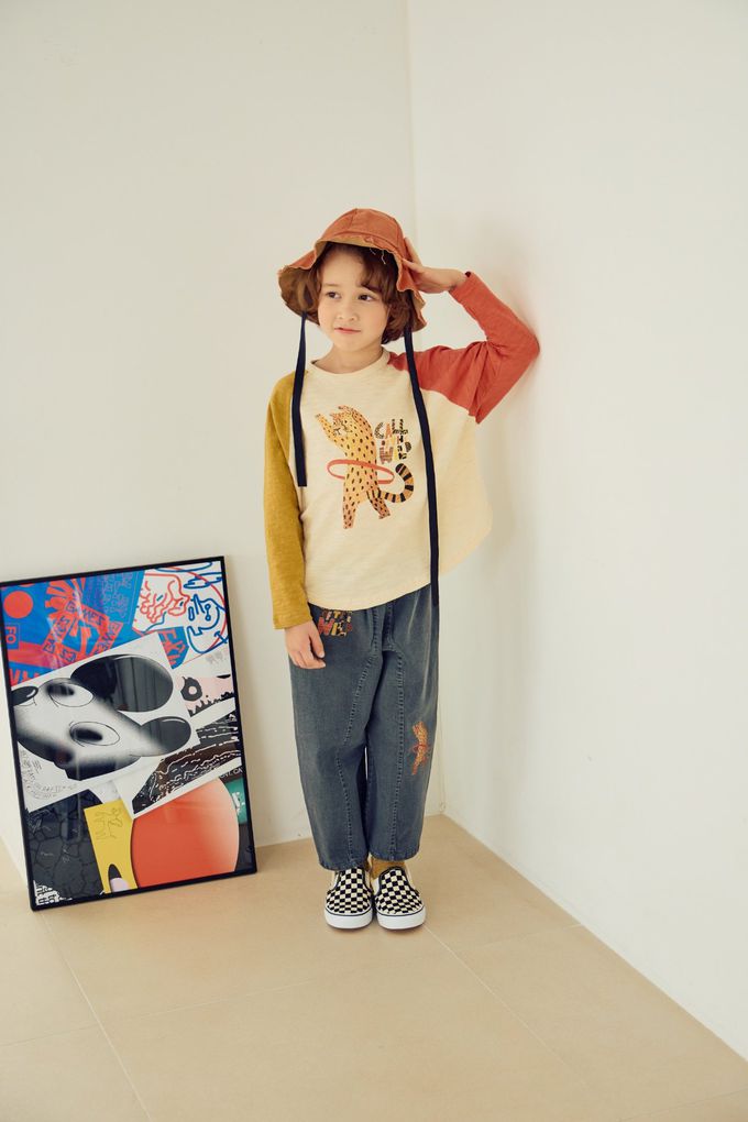 韓國 Mimico - 動物印撞色長袖上衣-呼拉圈花豹