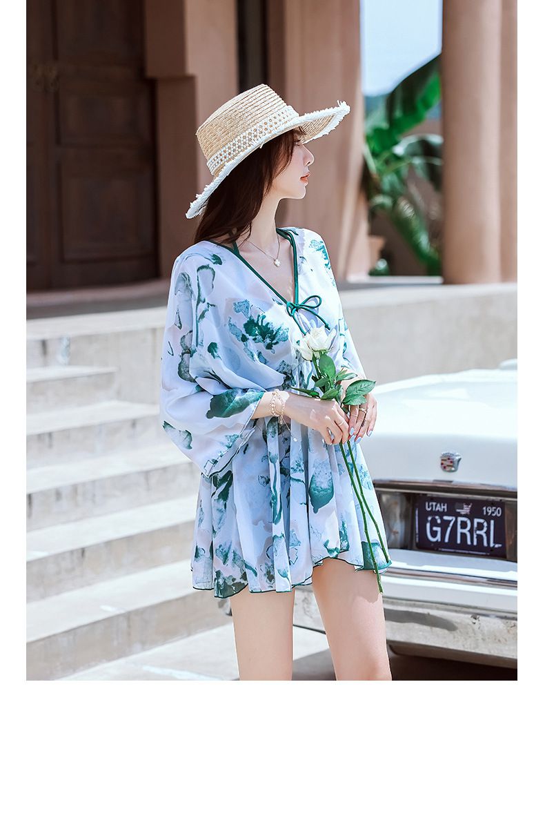 男士泳褲-潑墨葉片-綠+白-直播專屬