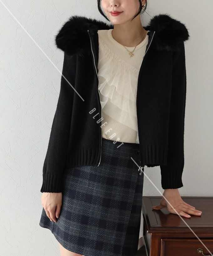 日本 BLUE EAST - 澎澎可愛毛絨帽雙拉鍊針織外套-黑