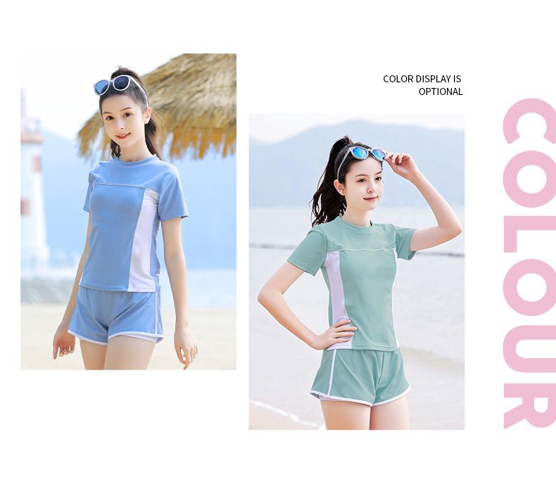 大童女孩運動風短袖泳衣套裝(二件組)-淺藍色-上衣、短褲