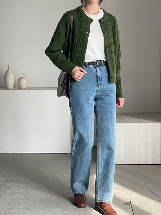 韓國女裝連線 - 麻花捲鈕扣無領針織外套-墨綠 (FREE)