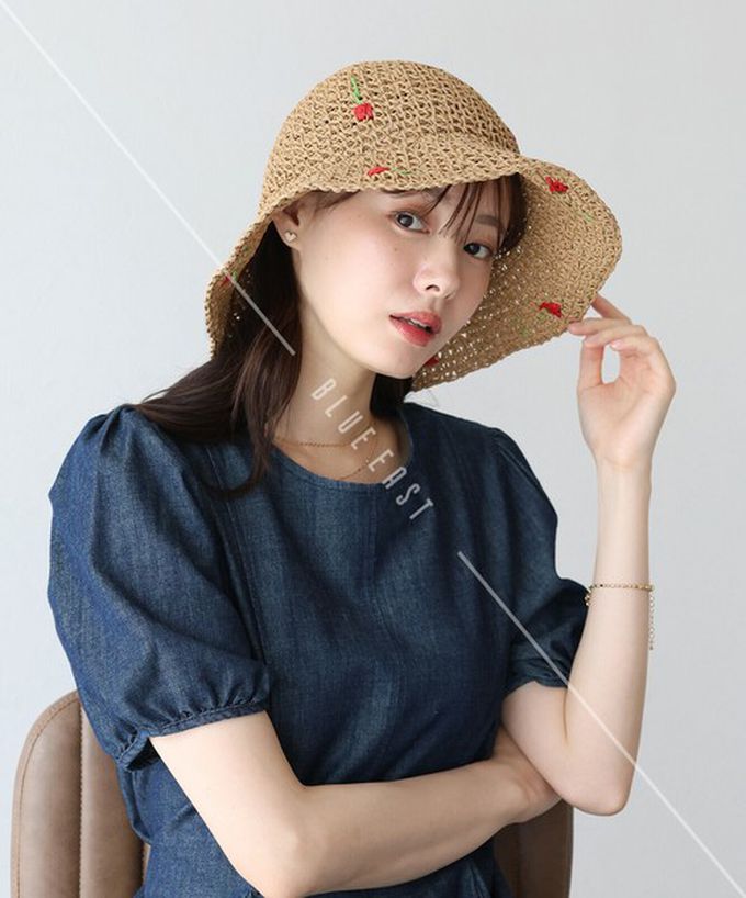 日本 BLUE EAST - 可愛刺繡編織遮陽漁夫帽-淺卡其