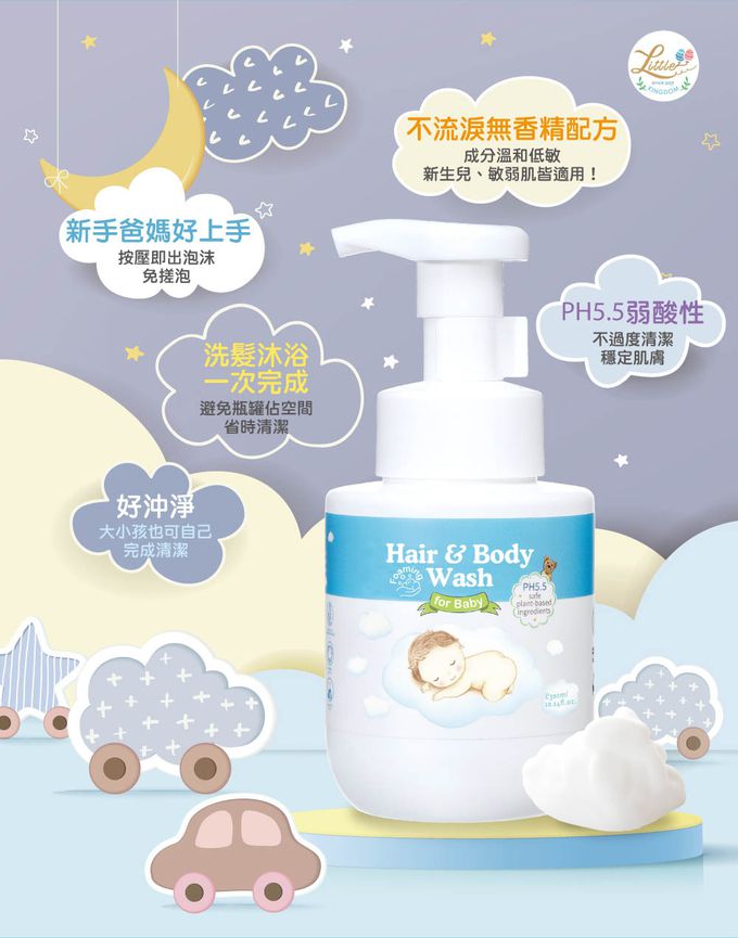 雲朵寶寶2合1洗沐慕斯-按壓擠出泡沫，新手爸媽好上手，洗髮沐浴一次完成。成分溫和低敏，不會過度清潔，好沖淨，不擔心殘留。