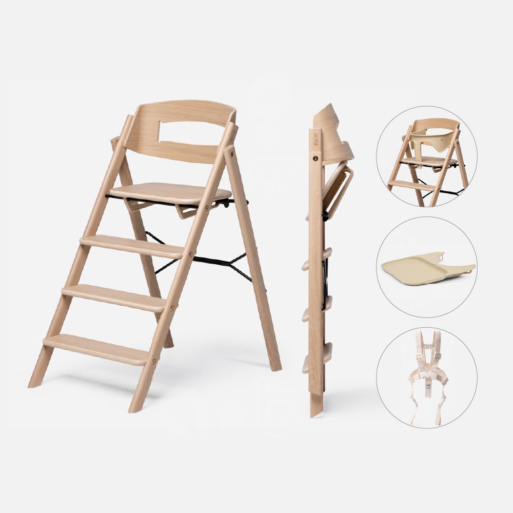Klapp折疊成長餐椅經典組(頂級橡木)-主體＋護圍＋餐盤+安全帶 (自然木)